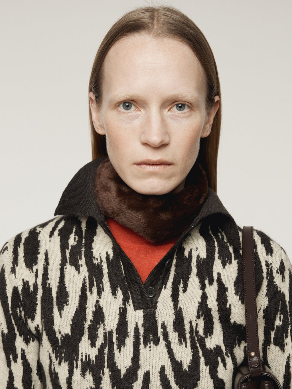 Recto - Leopard Jacquard Polo Knit Top (Dark Brown) product image 8 | TRAB K-Fashion Australia