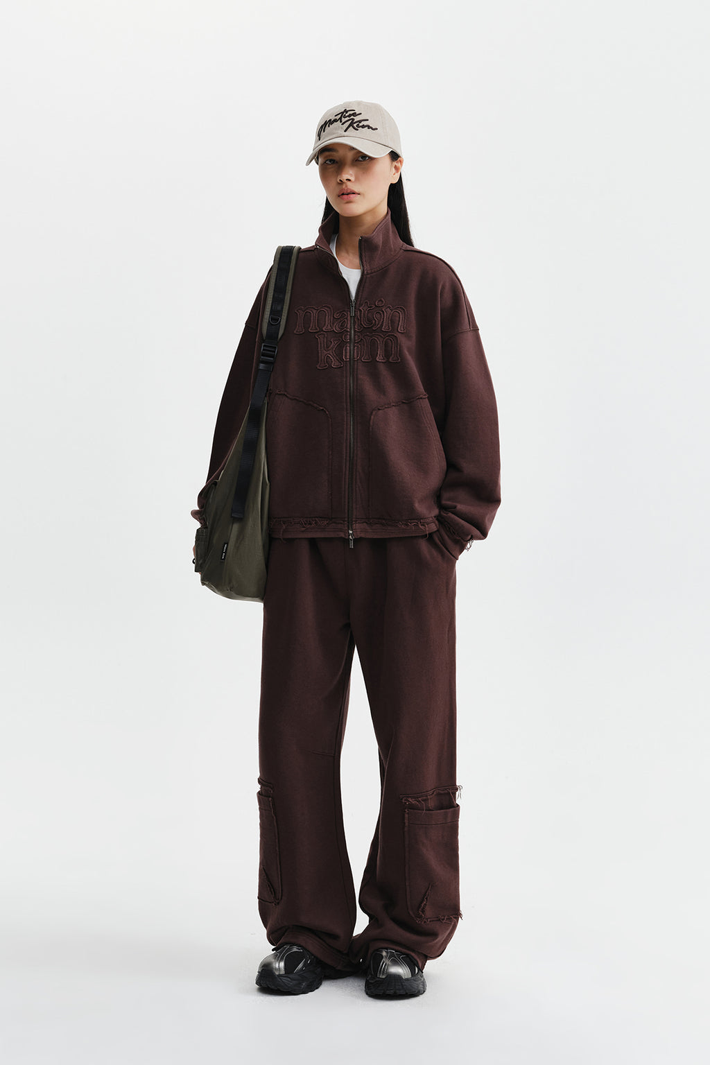 Matin Kim - [Pre-Order – Ships August 24] Mixed Waffle Applique Logo Zip Up (Brown) product image 9 | TRAB K-Fashion Australia