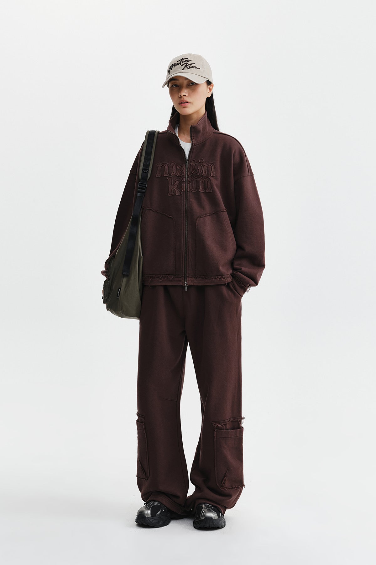 Matin Kim - [Pre-Order – Ships August 24] Mixed Waffle Applique Logo Zip Up (Brown) product image 9 | TRAB K-Fashion Australia