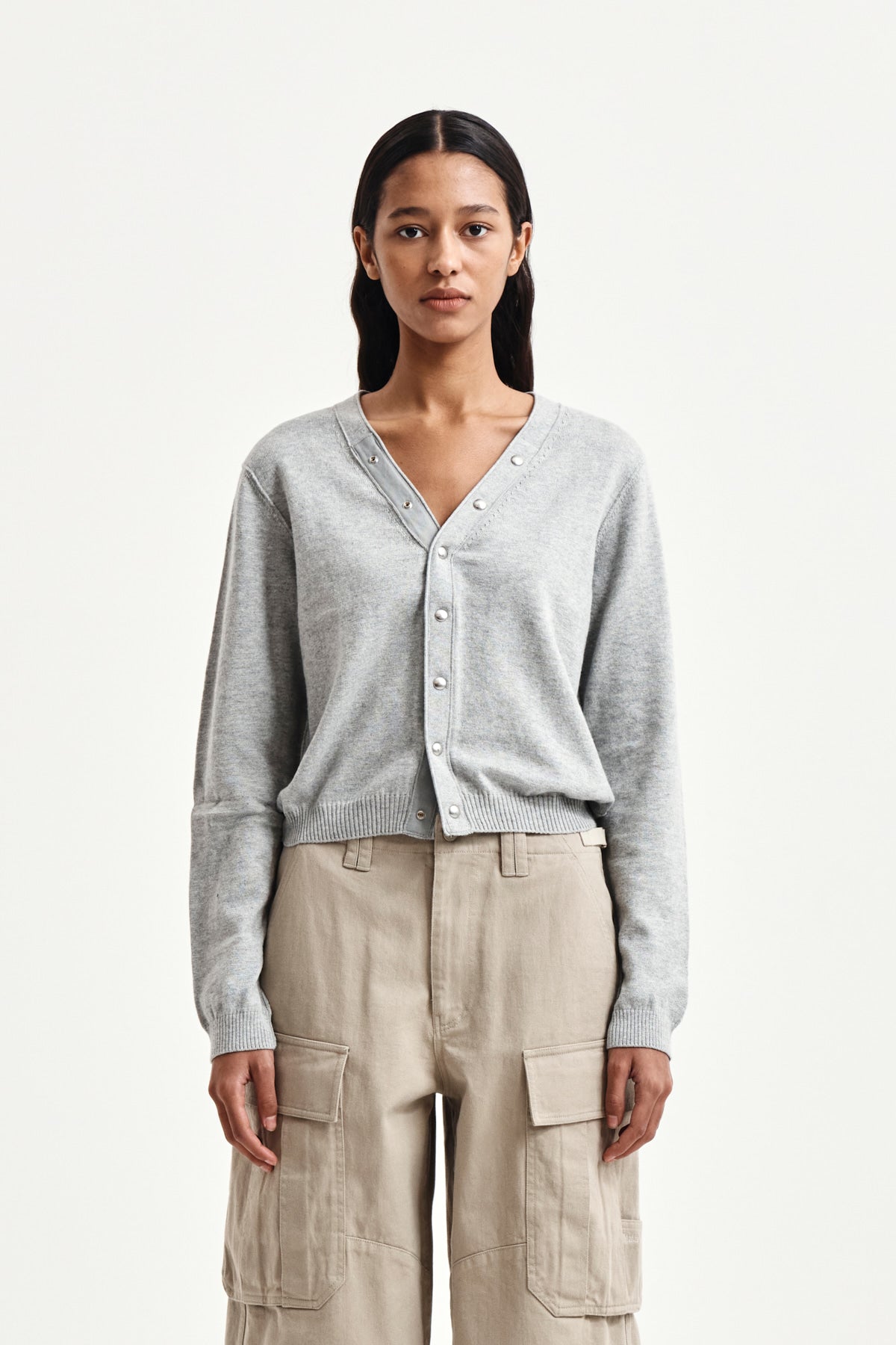 Matin Kim - Back Logo Snap Button Cardigan (Grey) product image 11 | TRAB K-Fashion Australia