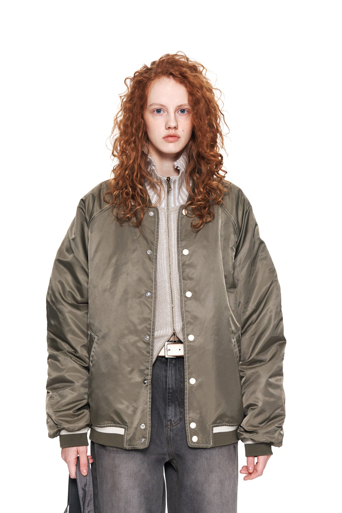 Matin Kim - Raglan Stitch Varsity Jumper (Khaki) product image 10 | TRAB K-Fashion Australia