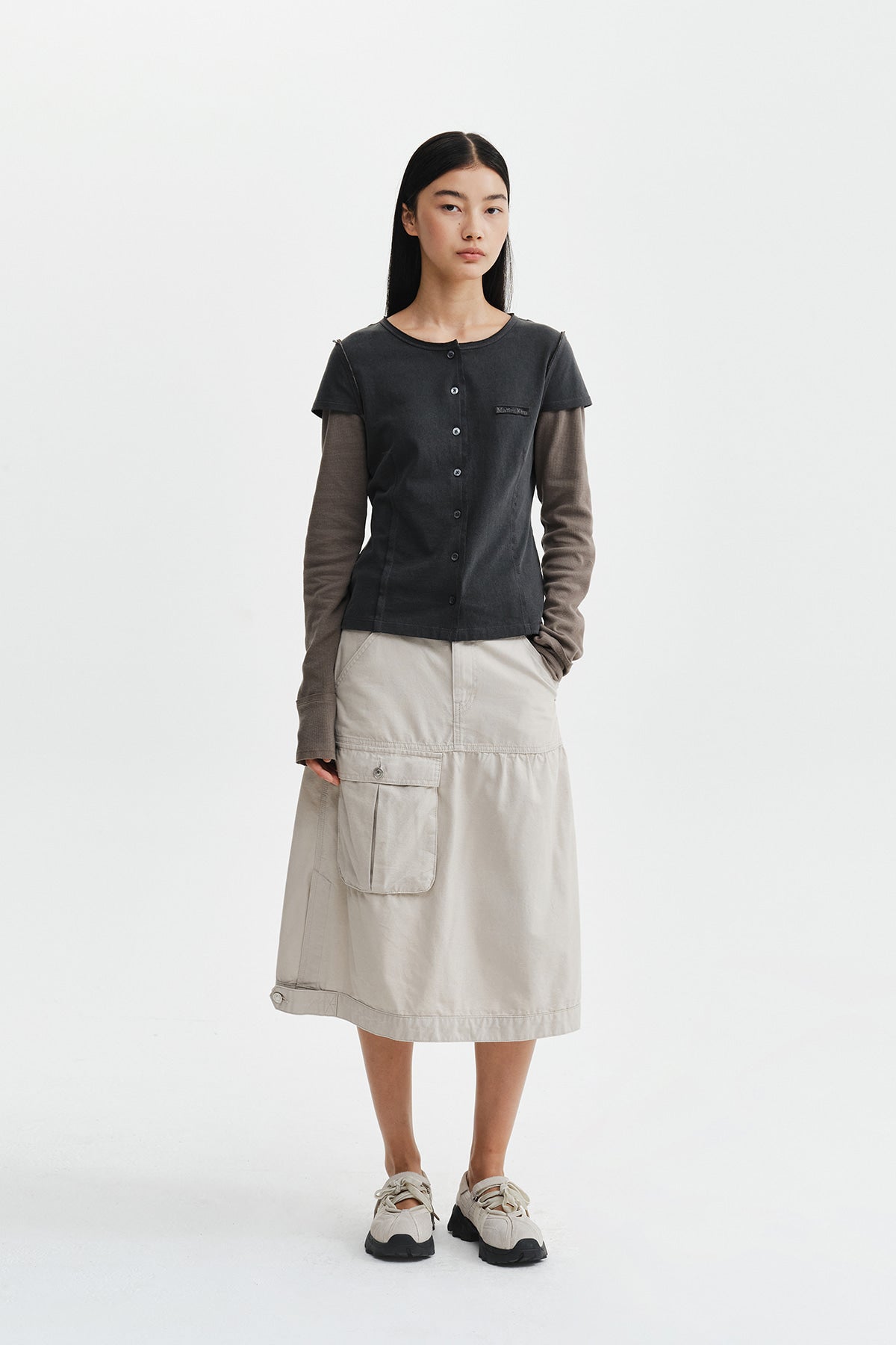 Matin Kim - Faded Color Block Layered Button Top (Charcoal) product image 9 | TRAB K-Fashion Australia