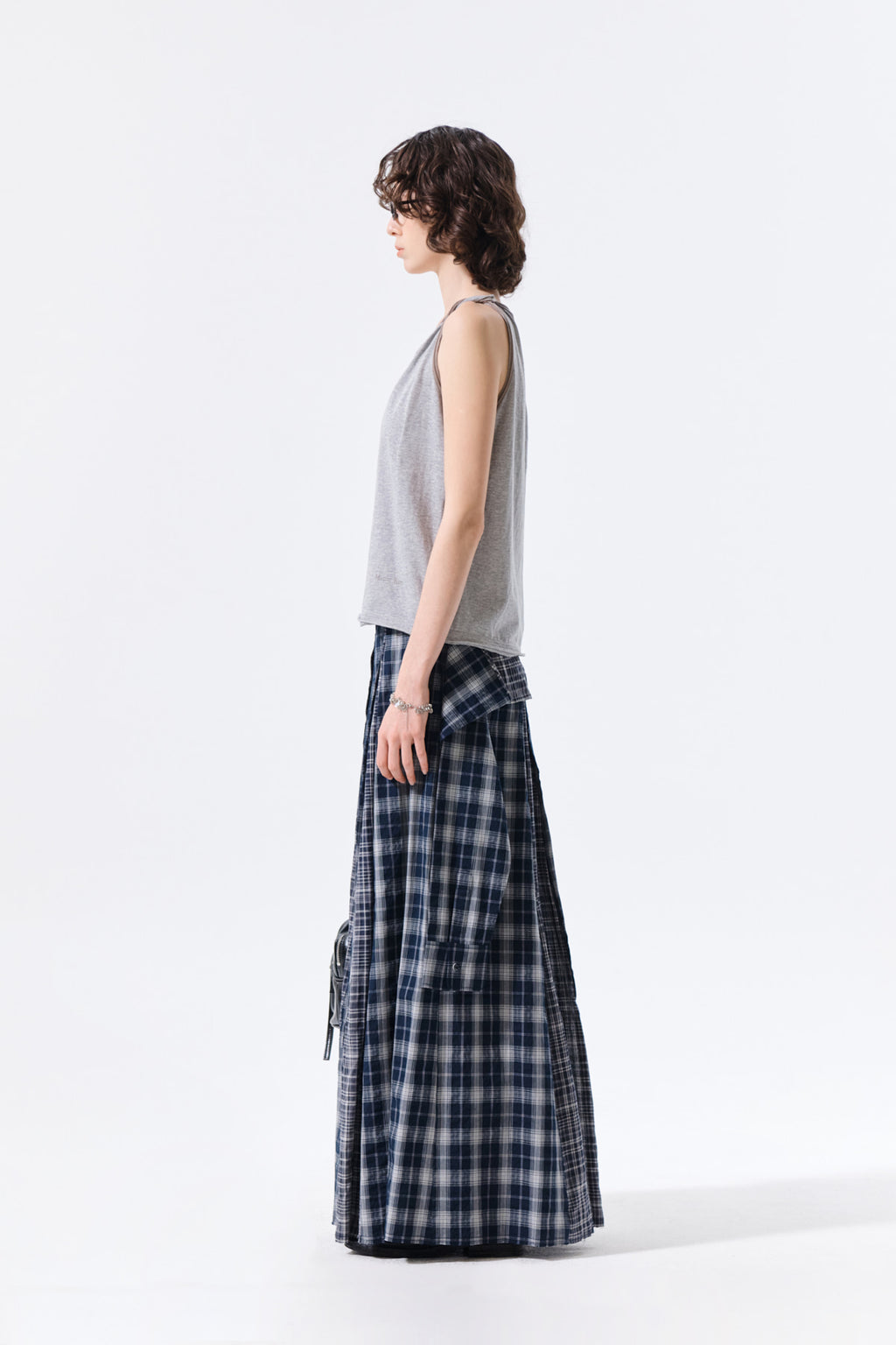 Matin Kim - Mixed Check Sleeve Tie Flare Skirt (Navy) product image 7 | TRAB K-Fashion Australia