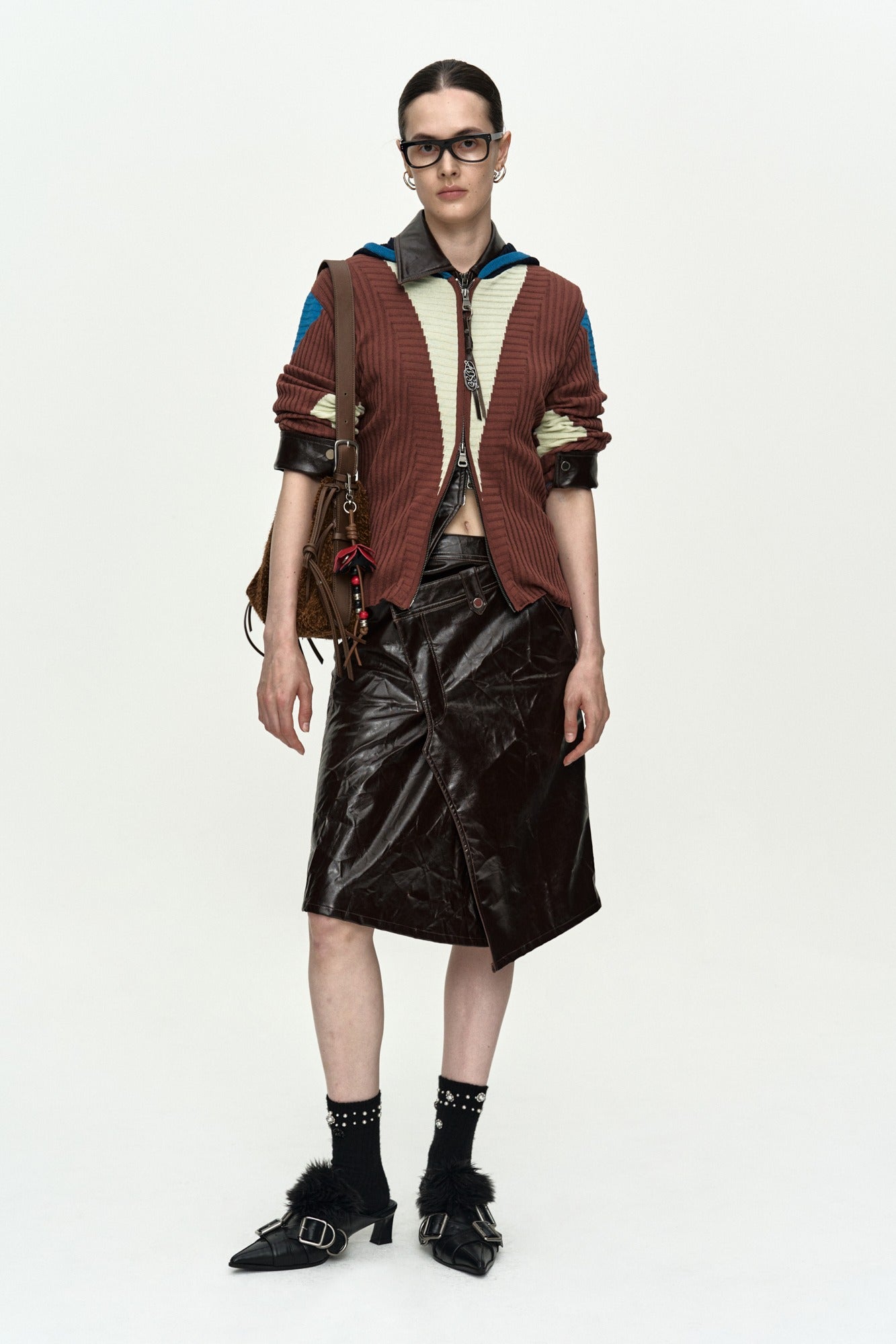 Andersson Bell - Risa Color-Blocked Knit Zip-Up Hoodie (Brown/Lime) product image 1 | TRAB K-Fashion Australia