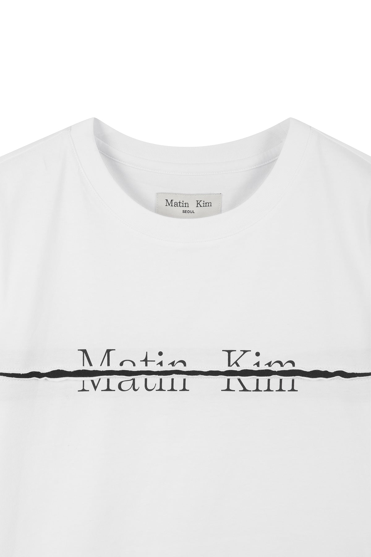 Matin Kim - [Pre-Order – Ships June 24] Matin Kim Logo Cutted Crop Top (White) product image 3 | TRAB K-Fashion Australia