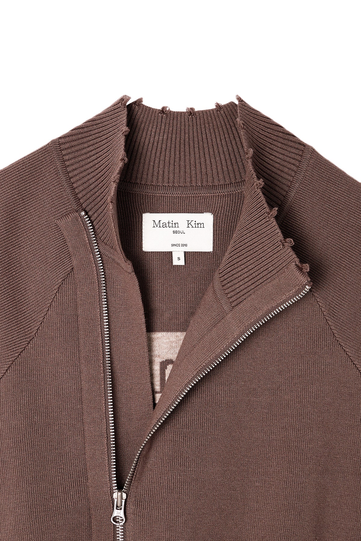 Matin Kim - High Neck Logo Knit Zip Up Vest (Brown) product image 4 | TRAB K-Fashion Australia