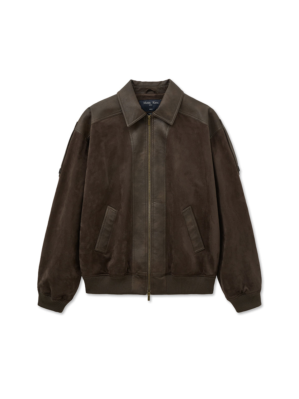 Matin Kim - Suede Mix Leather Zip Up Jumper (Brown) product image 1 | TRAB K-Fashion Australia