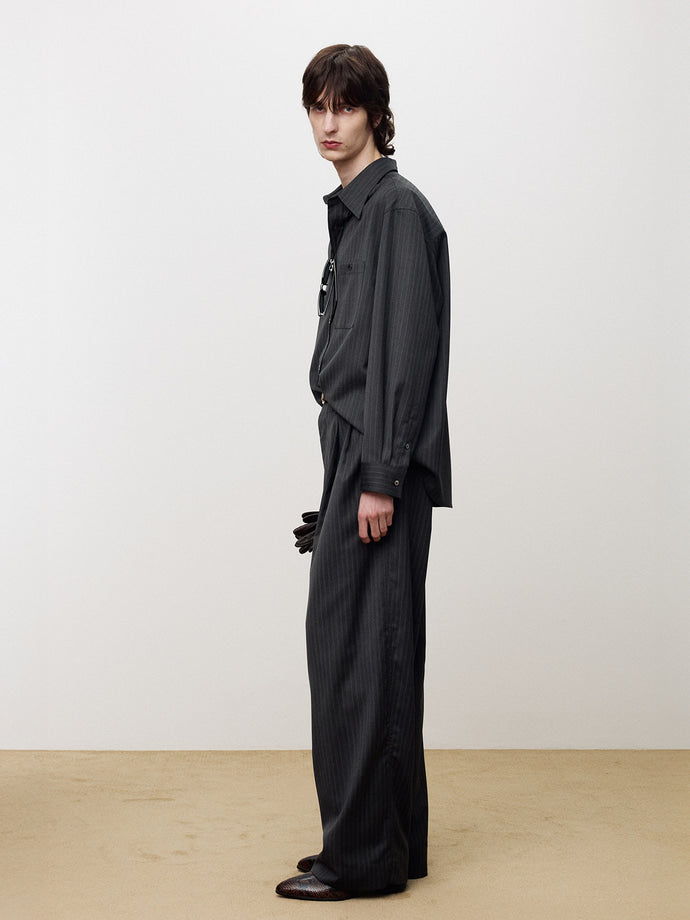 Tonywack - Striped Wool Double-Pleats Wide Trousers (Grey Pinstripe) product image 2 | TRAB K-Fashion Australia