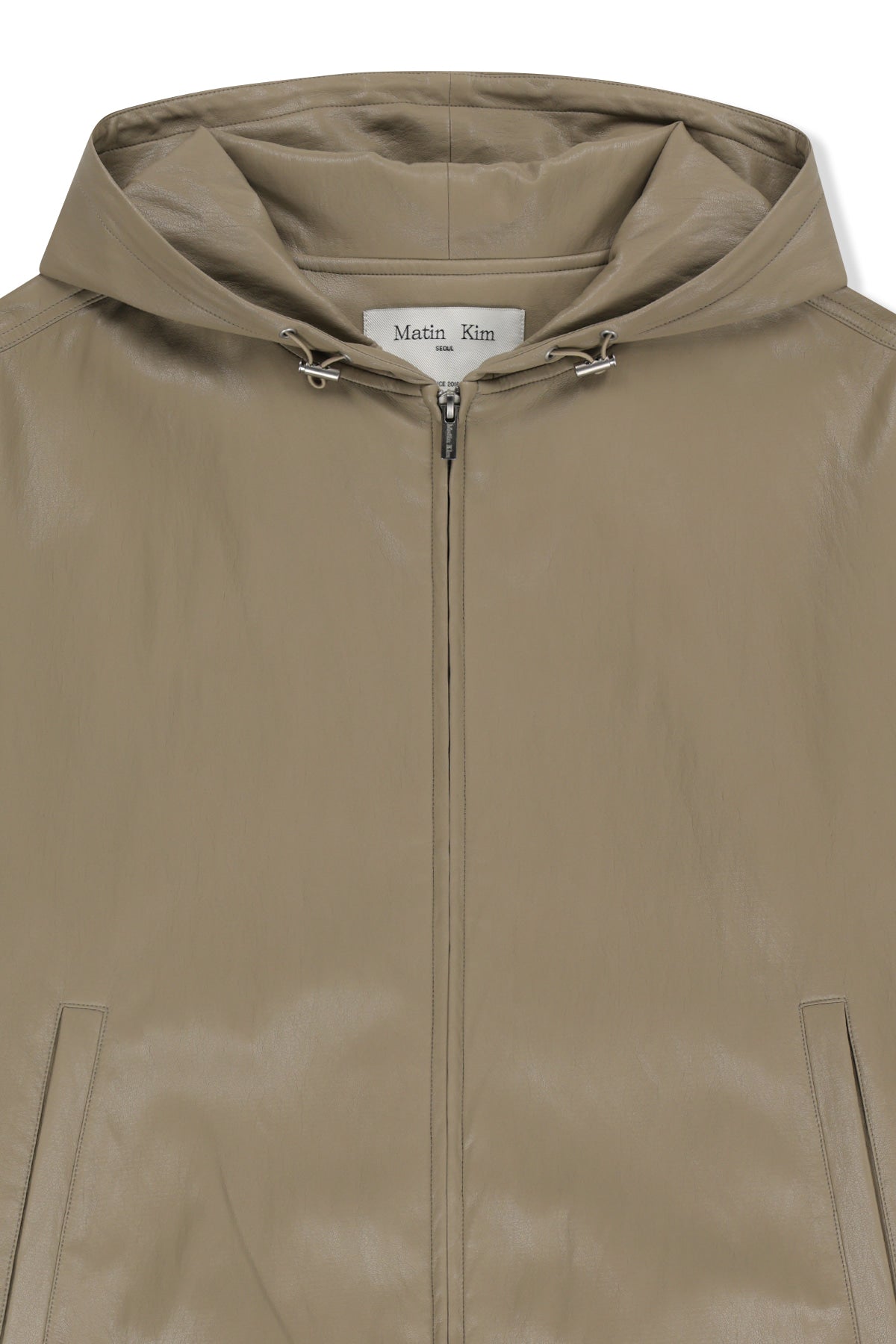 Matin Kim - Faux Leather Applique Logo Hoody Jumper (Beige) product image 3 | TRAB K-Fashion Australia