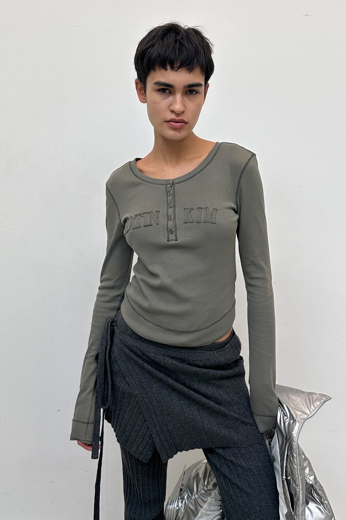 Matin Kim - Applique Logo Henly Neck Slim Top (Khaki) product image 7 | TRAB K-Fashion Australia