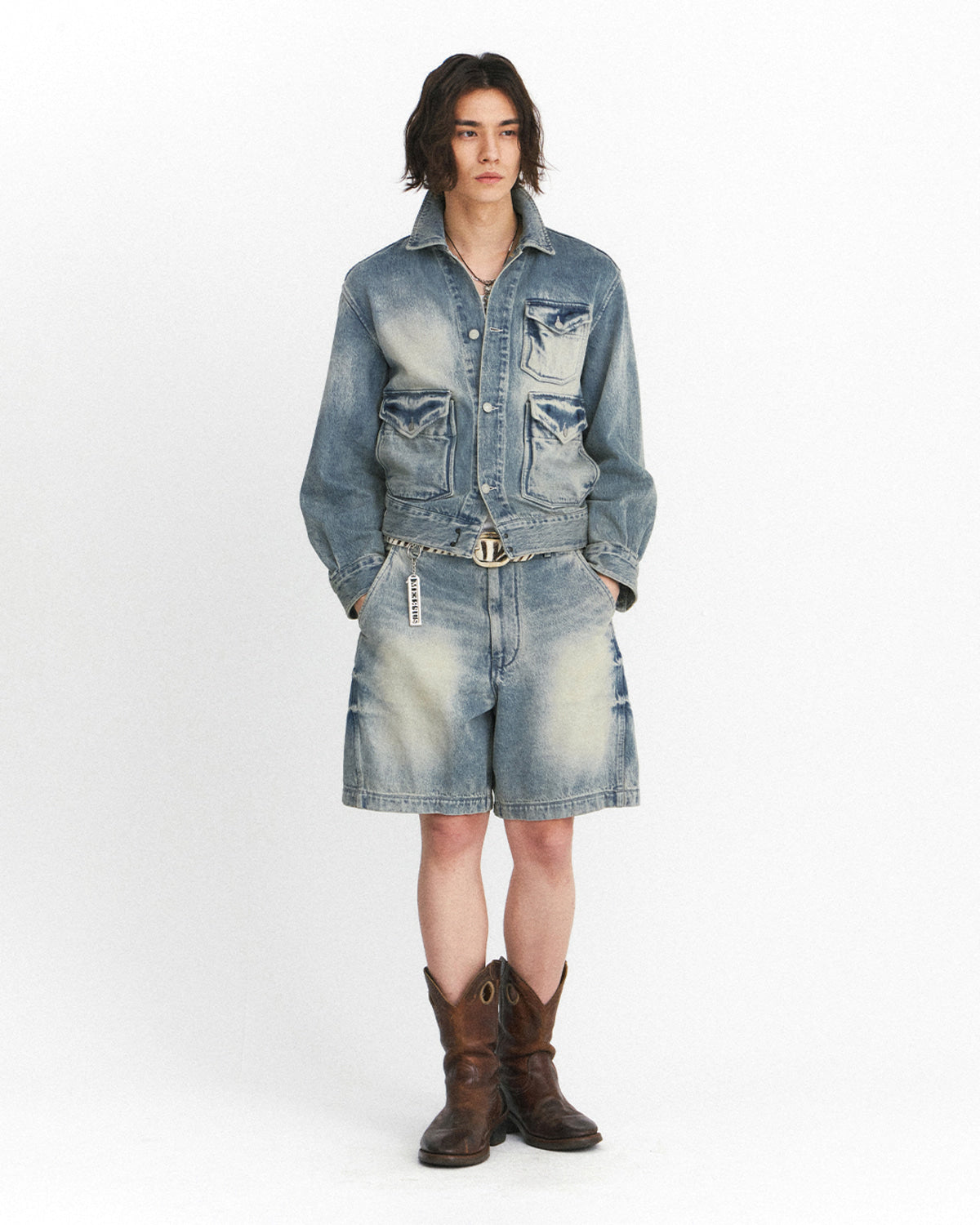 Eastlogue - Cinch Back Curved Shorts (Light Indigo) product image 1 | TRAB K-Fashion Australia