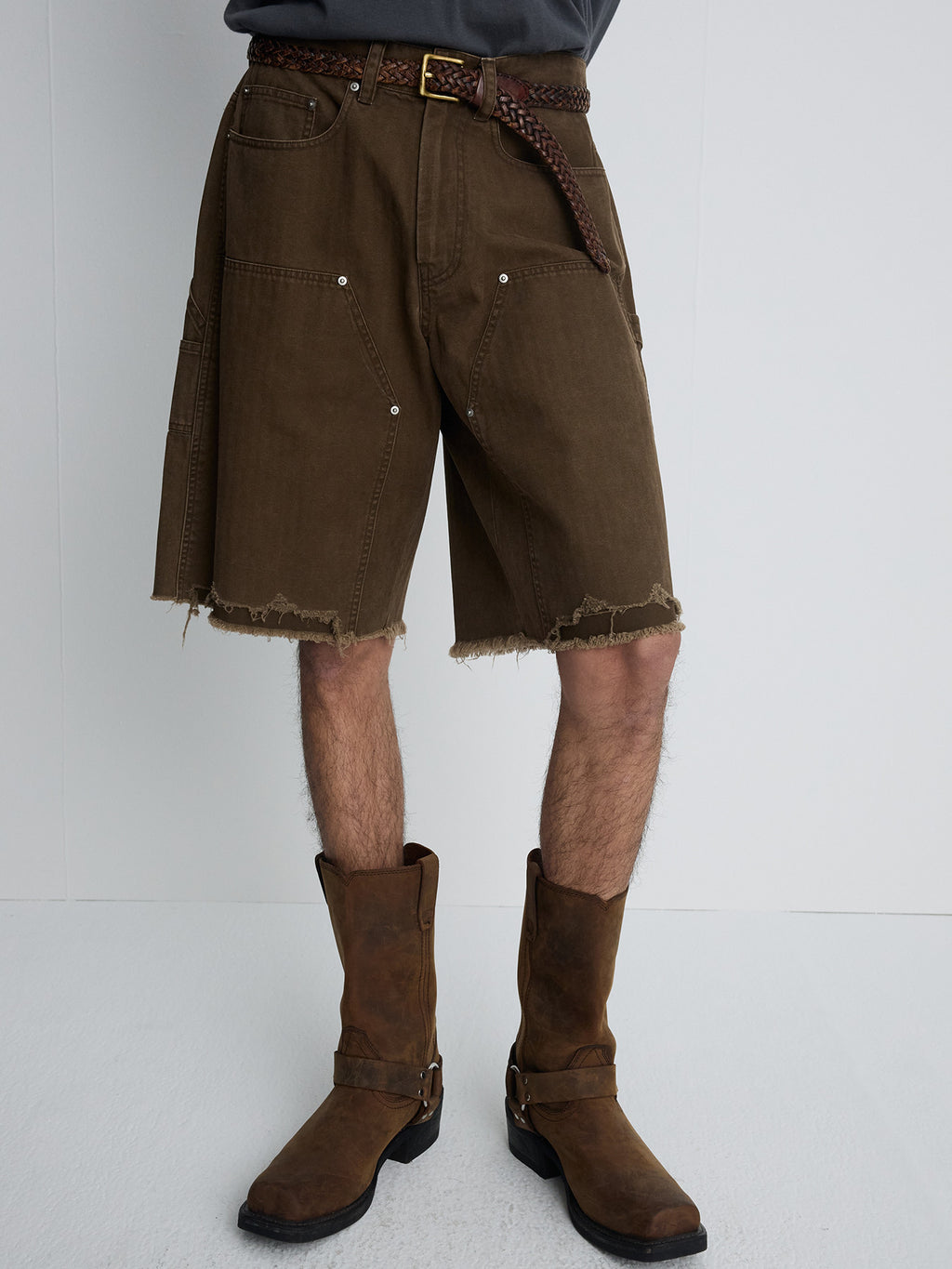 Tonywack - Hand Distressed Hbt Double Knee Shorts (Faded Brown) product image 3 | TRAB K-Fashion Australia