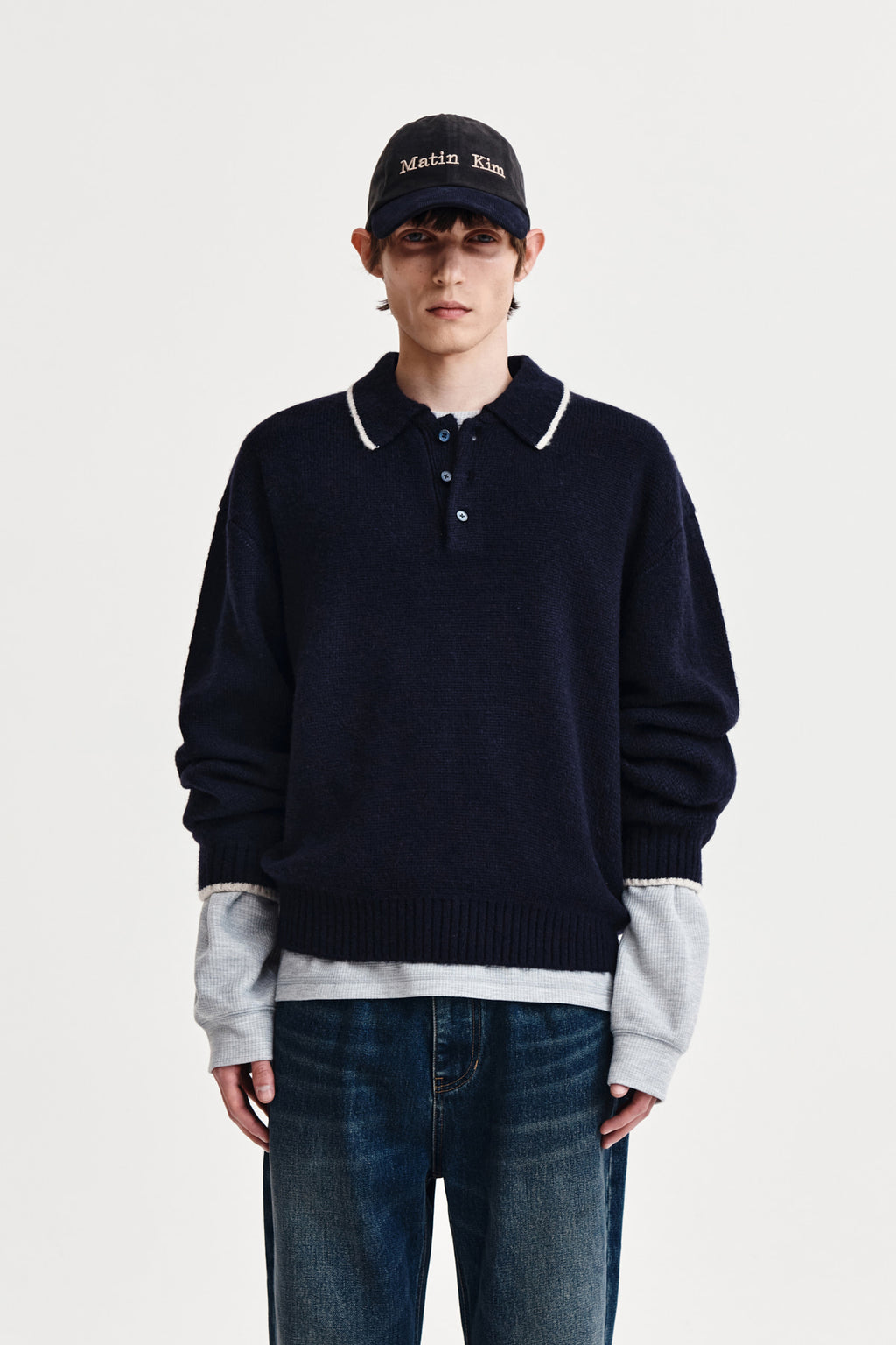Matin Kim - Back Logo Collar Knit Top (Dark Navy) product image 1 | TRAB K-Fashion Australia