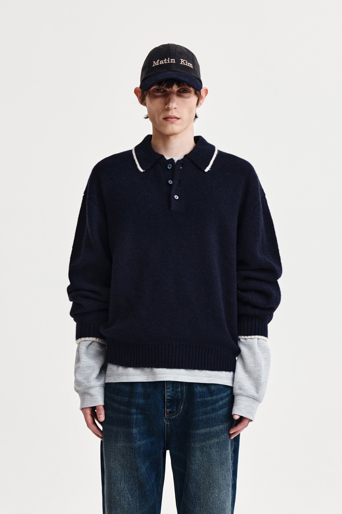 Matin Kim - Back Logo Collar Knit Top (Dark Navy) product image 1 | TRAB K-Fashion Australia