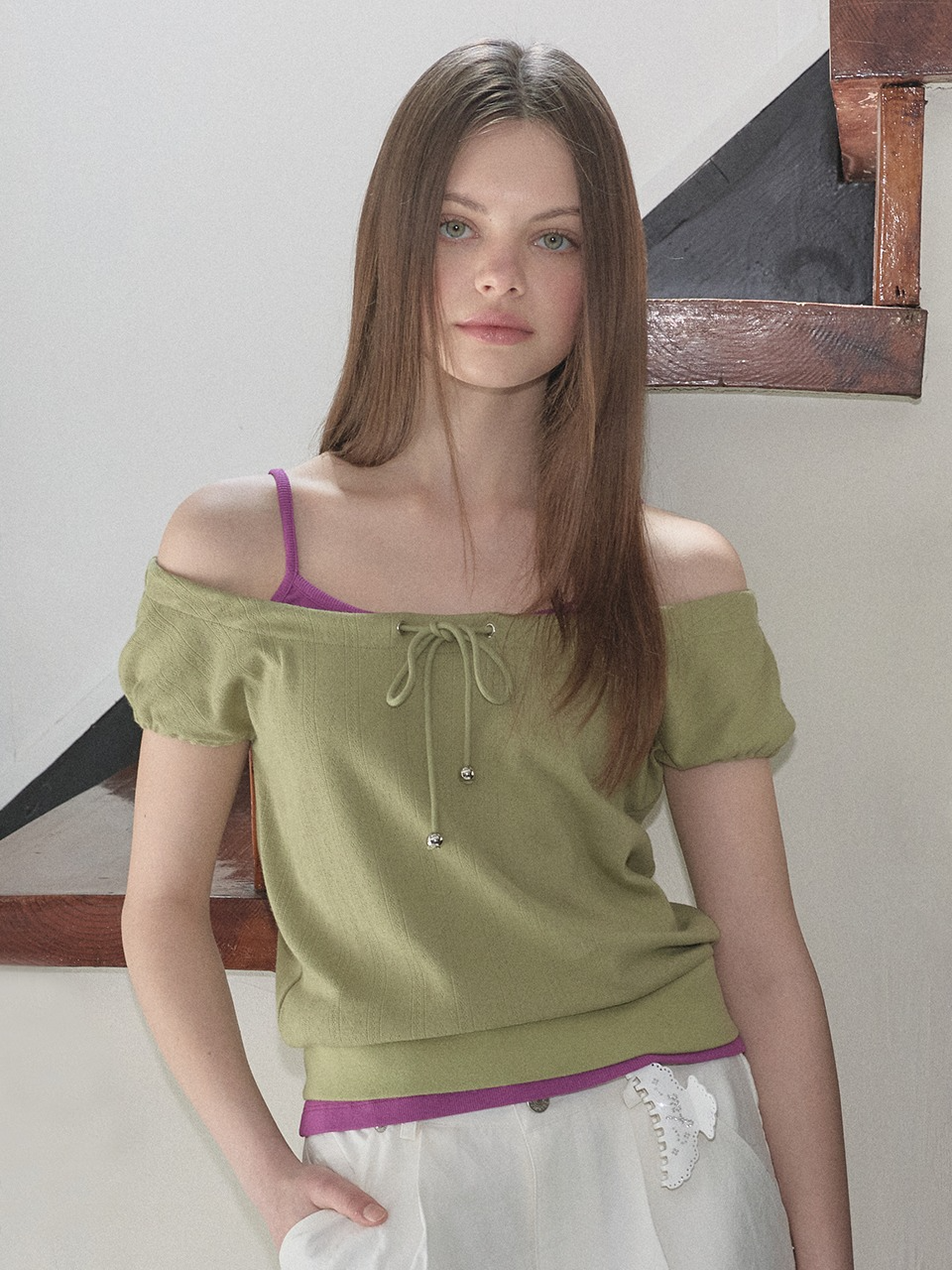 Margarin Fingers - Strap Off-Shoulder Top (Olive) product image 1 | TRAB K-Fashion Australia