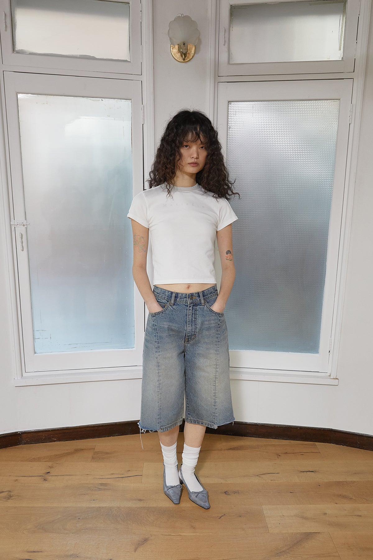 Matin Kim - Color Line Point Logo Crop Top (White) product image 13 | TRAB K-Fashion Australia