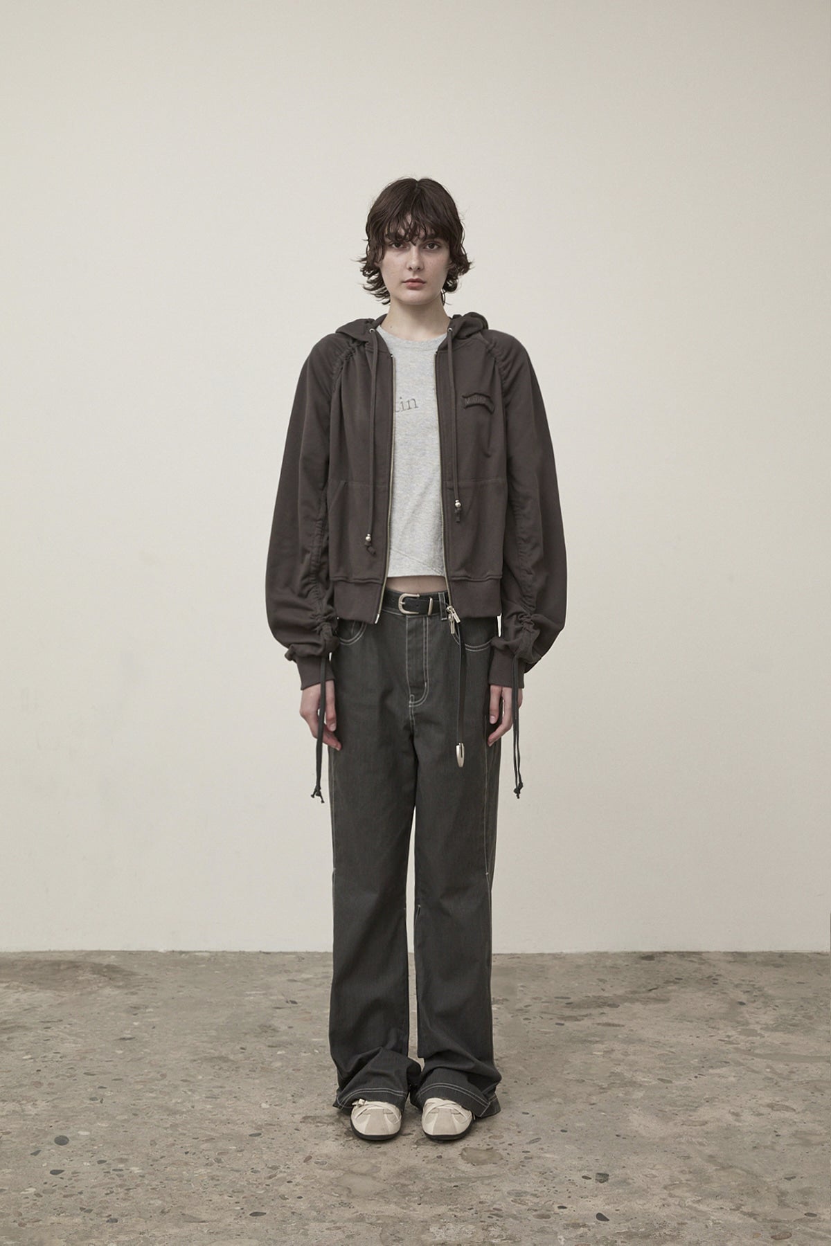 Matin Kim - Sleeve String Detail Hoody Zip Up (Charcoal) product image 9 | TRAB K-Fashion Australia