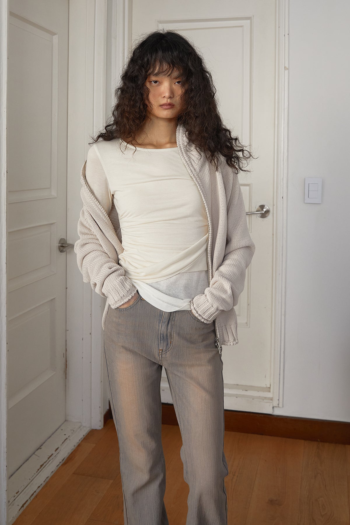 Matin Kim - Applique Logo Patch Knit Zip Up (Light Beige) product image 13 | TRAB K-Fashion Australia