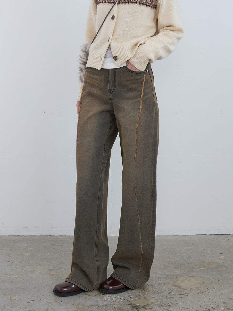 Kijun - Scratched Wide Jeans (Charcoal Brown) product image 1 | TRAB K-Fashion Australia