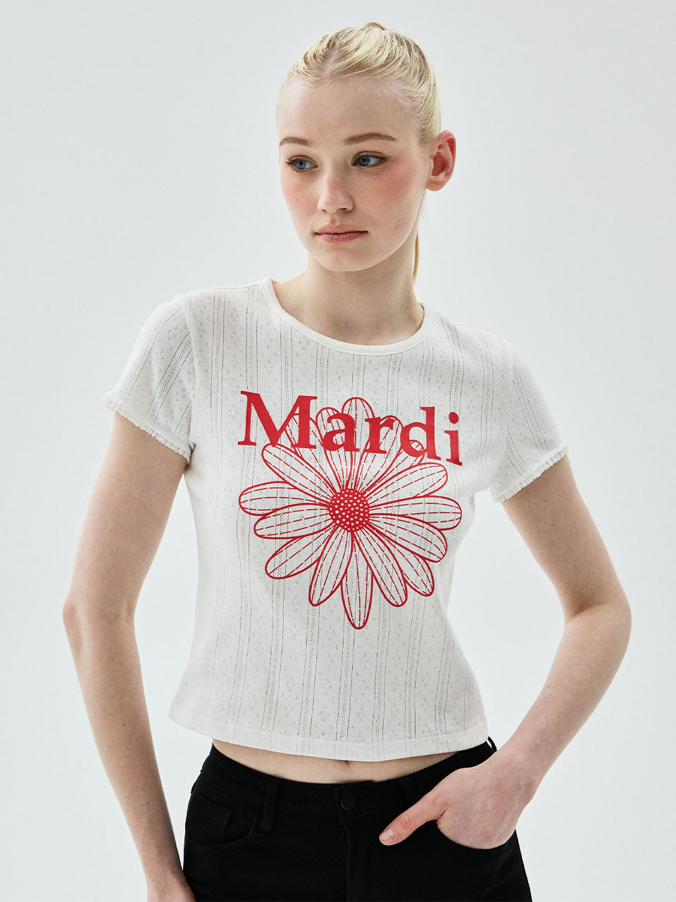 Mardi Mercredi - Slim Fit Top Eyelet Flowermardi (Ivory Red) product image 1 | TRAB K-Fashion Australia