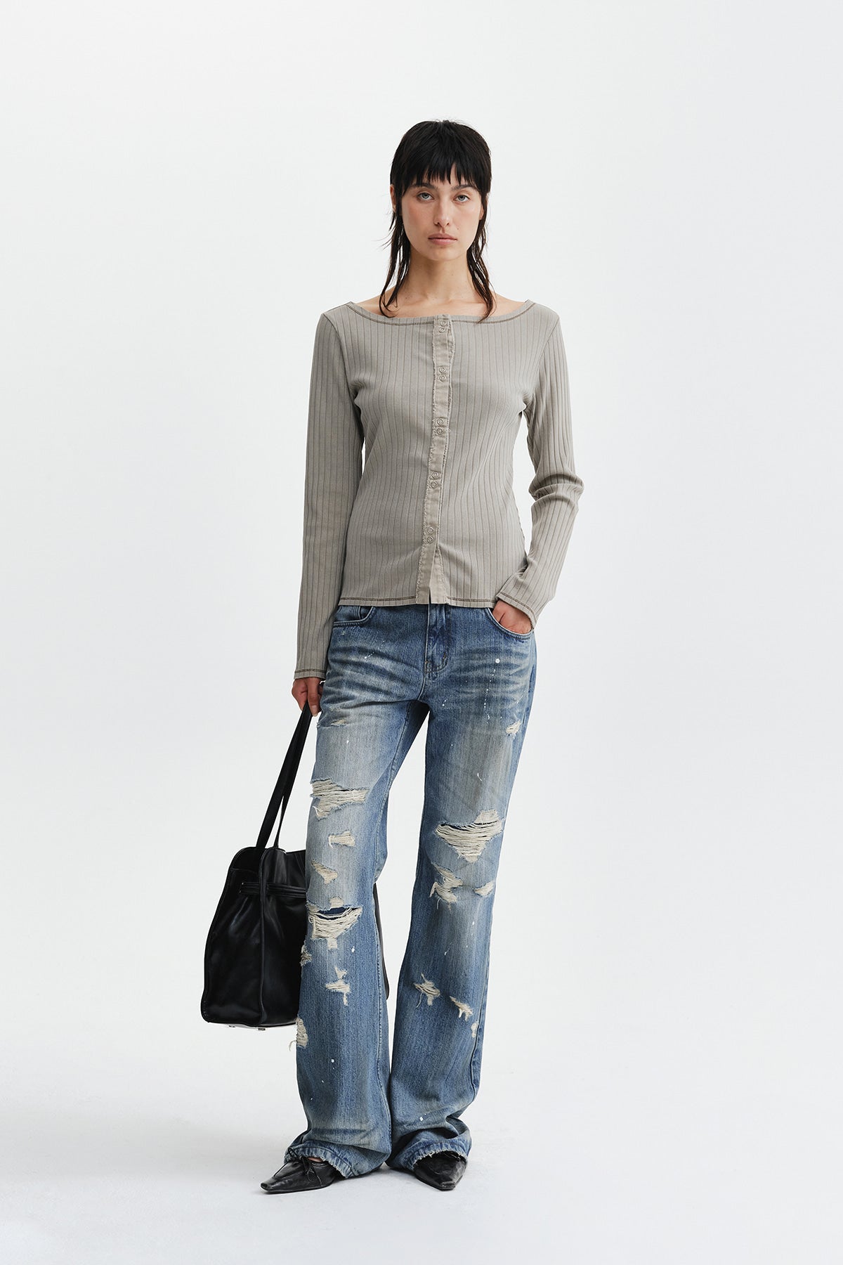 Matin Kim - Vintage Washed Ribbed Snap Top (Light Khaki) product image 9 | TRAB K-Fashion Australia