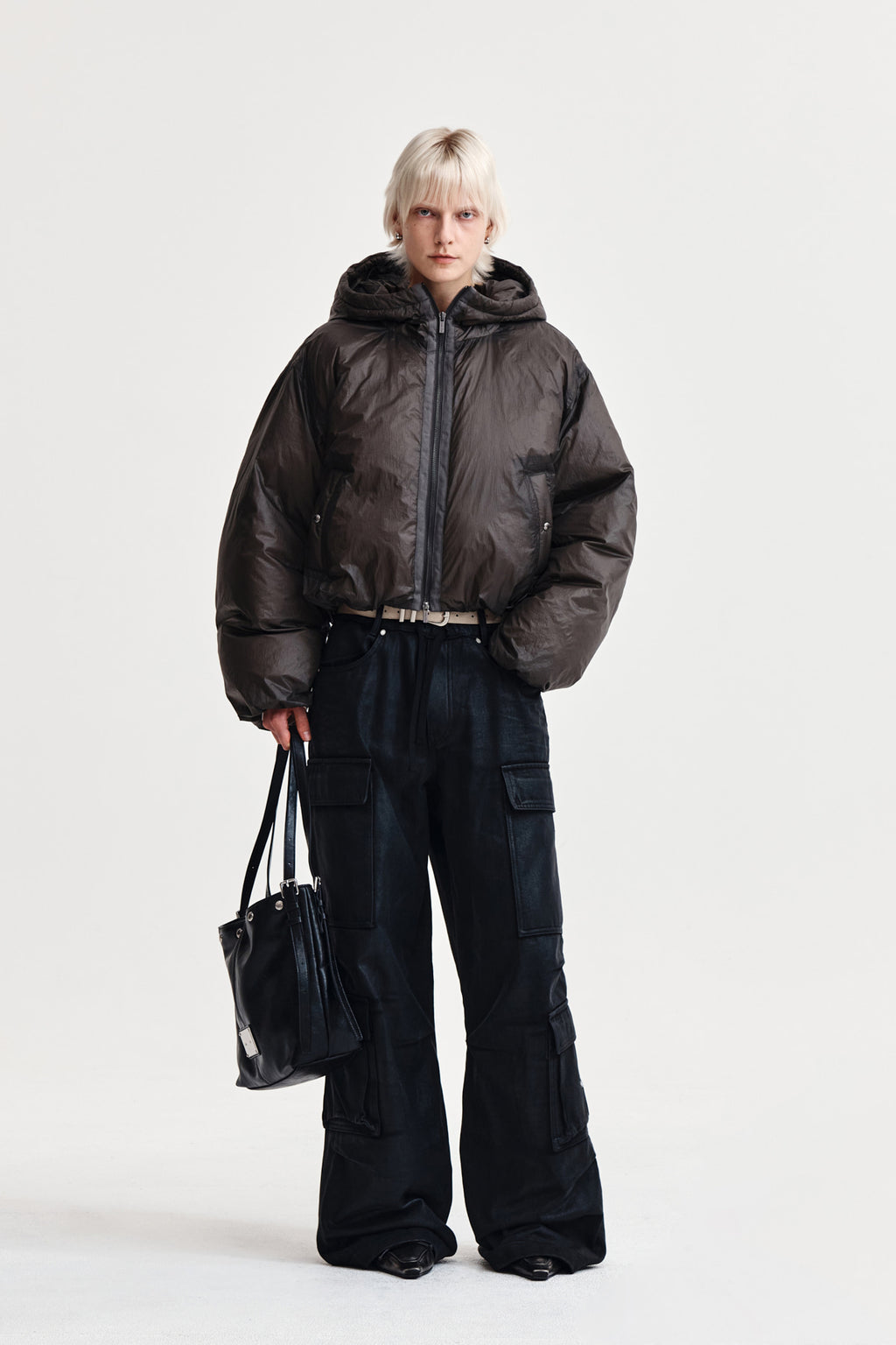 Matin Kim - Back Logo Hoody Short Down Jumper (Charcoal) product image 8 | TRAB K-Fashion Australia