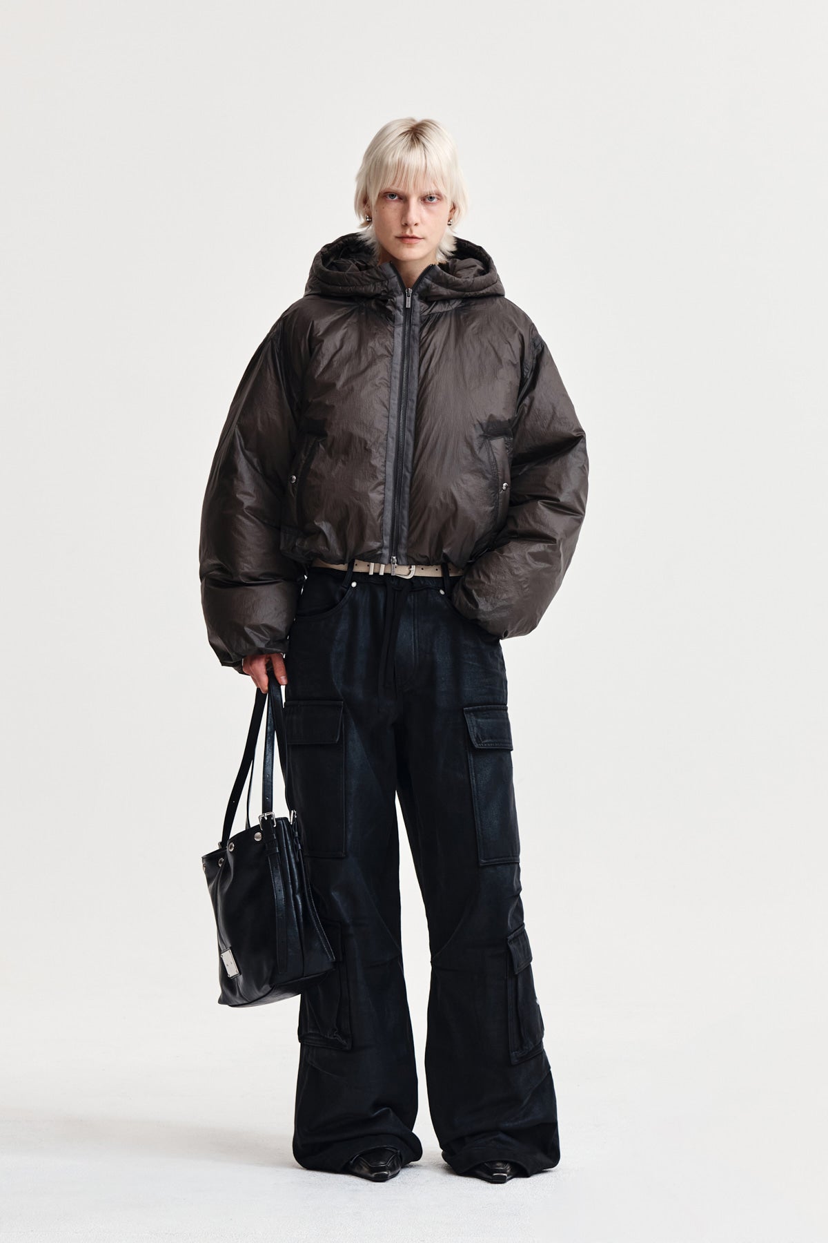 Matin Kim - Back Logo Hoody Short Down Jumper (Charcoal) product image 8 | TRAB K-Fashion Australia