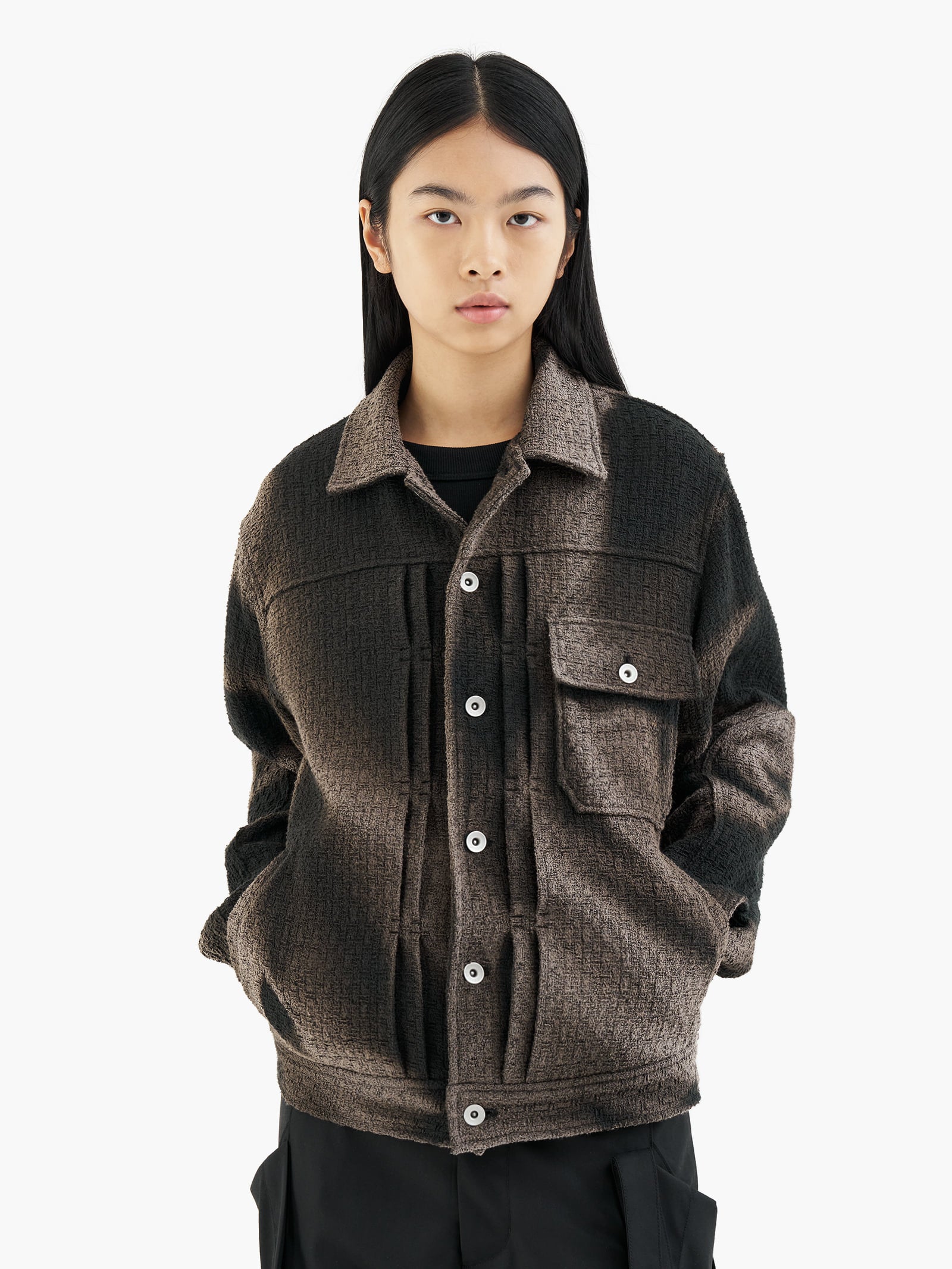 Jiyong Kim - Sun-Bleached Tweed Trucker Jacket (Black) product image 4 | TRAB K-Fashion Australia