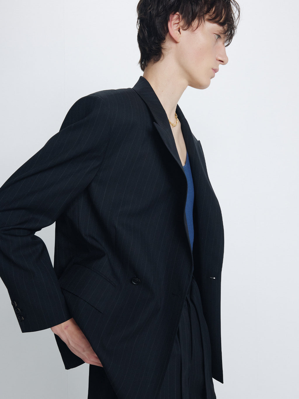 Tonywack - Pinstriped Wool Tailored Wrap Blazer (Black Pinstripe) product image 5 | TRAB K-Fashion Australia