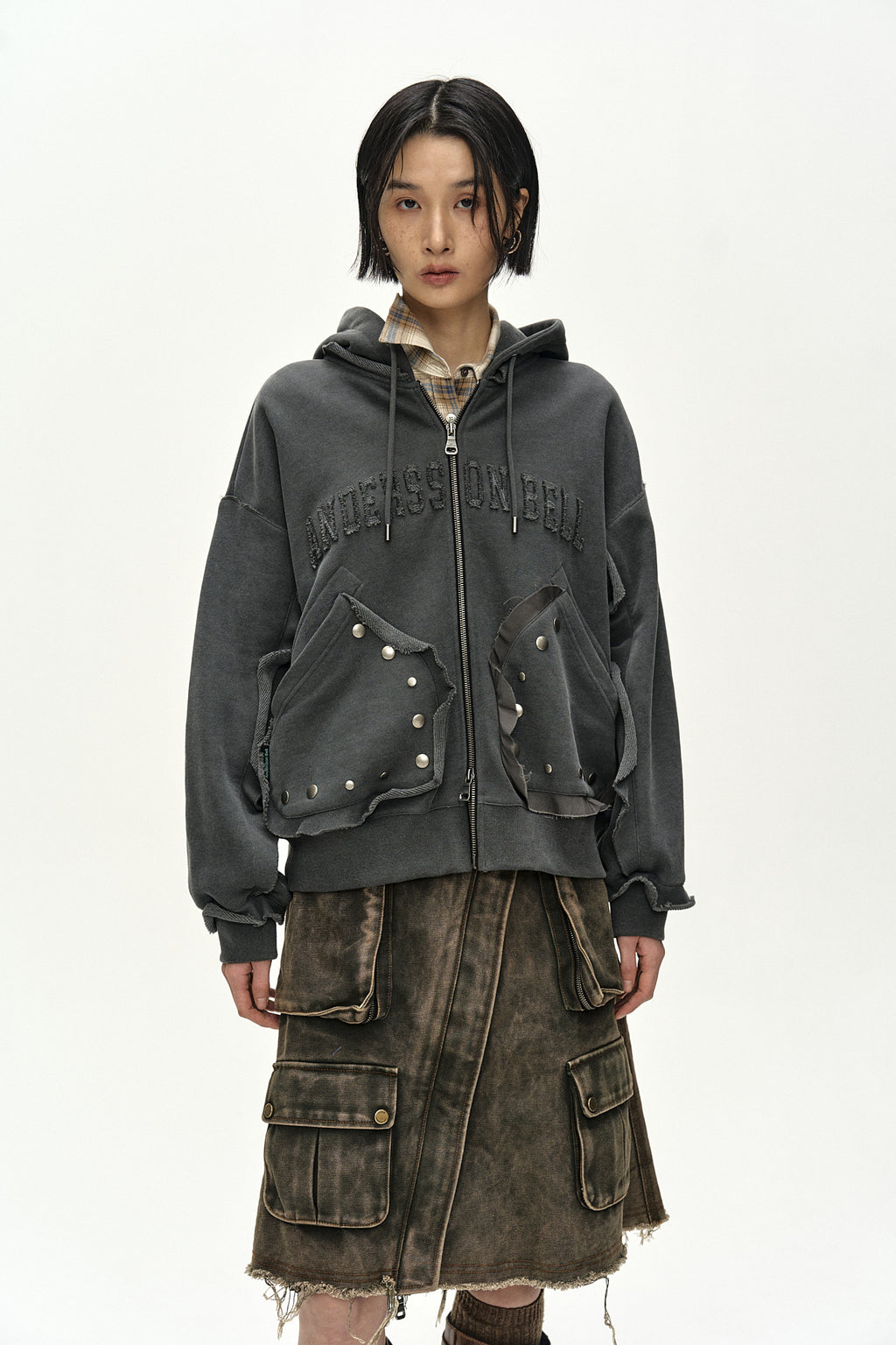Andersson Bell - Raw-Cut Studded Zip-Up Hoodie (charcoal) (Charcoal) product image 4 | TRAB K-Fashion Australia