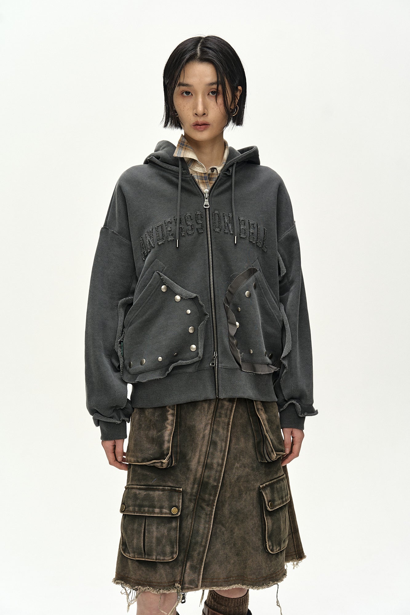 Andersson Bell - Raw-Cut Studded Zip-Up Hoodie (charcoal) (Charcoal) product image 4 | TRAB K-Fashion Australia