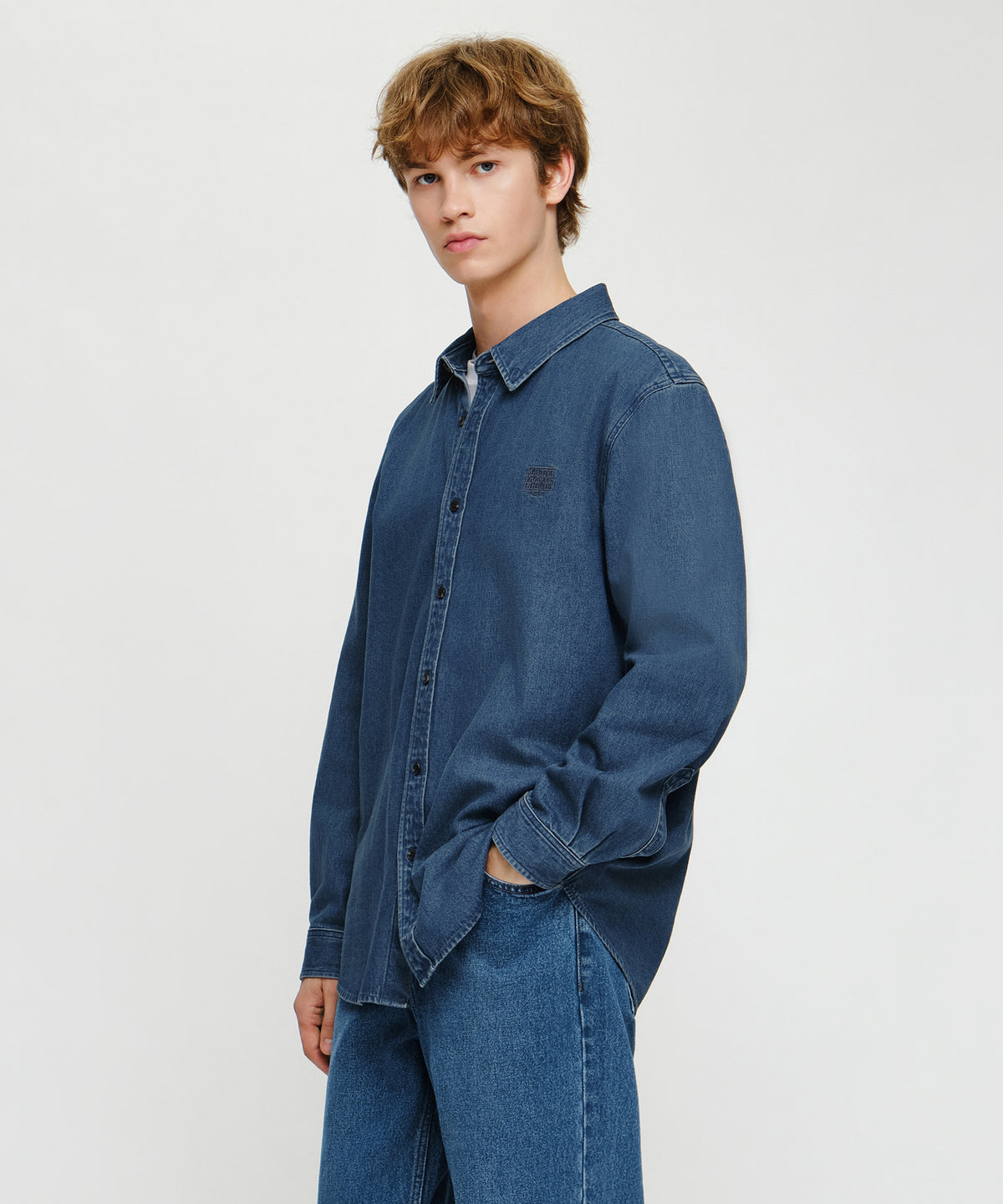 Marithe & Francois Girbaud - Micro Classic Logo Oversized Denim Shirt (Blue) product image 2 | TRAB K-Fashion Australia