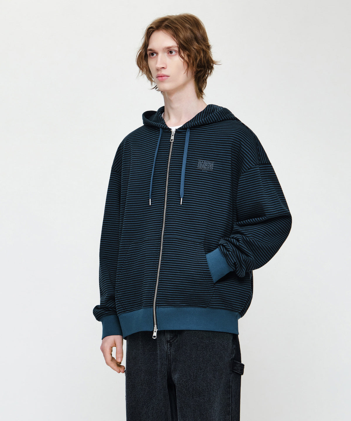 Marithe & Francois Girbaud - Small Classic Logo Stripe Oversized Hoodie Zipup (Dark Blue) product image 2 | TRAB K-Fashion Australia