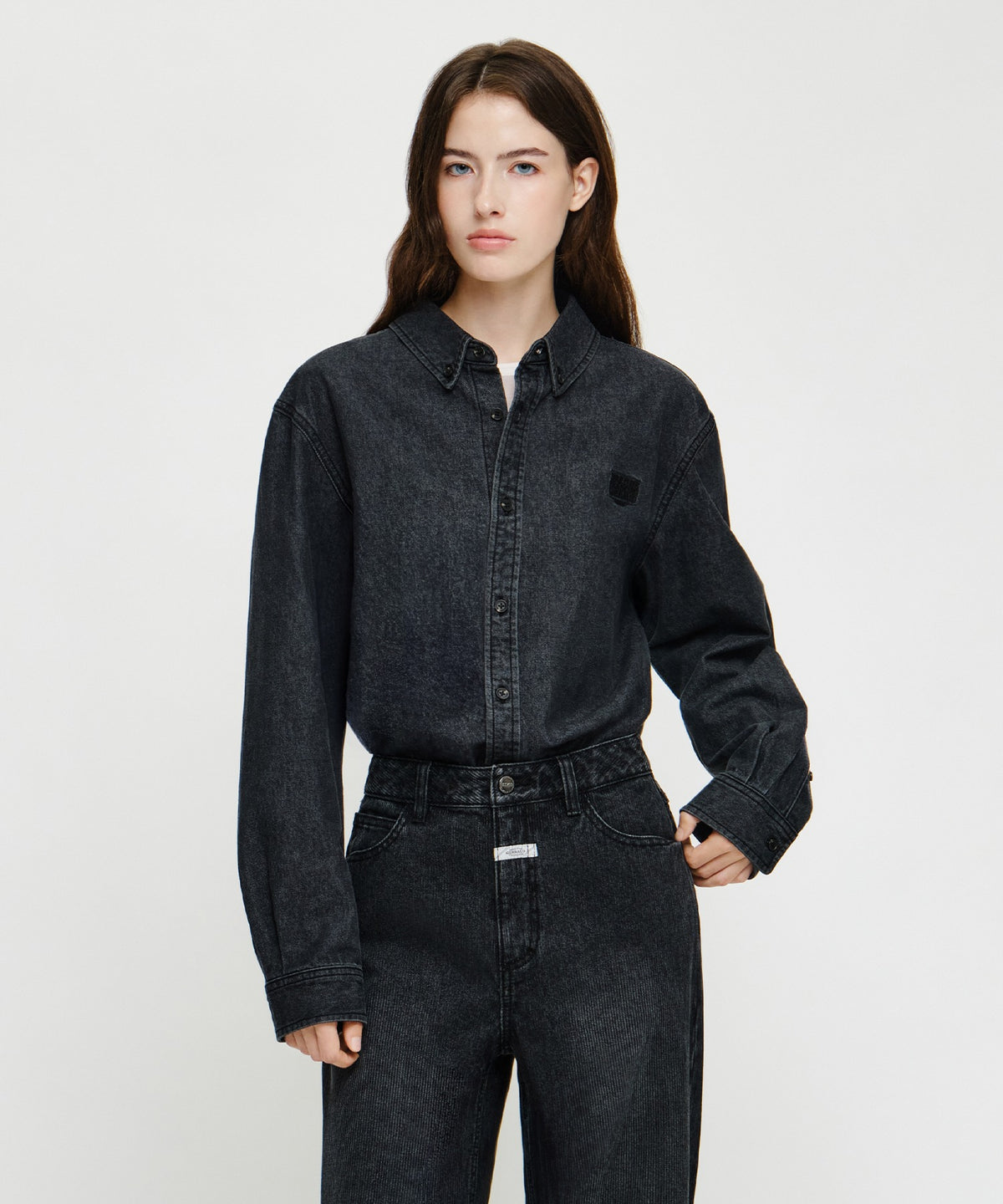 Marithe & Francois Girbaud - Micro Classic Logo Oversized Denim Shirt (Black) product image 1 | TRAB K-Fashion Australia
