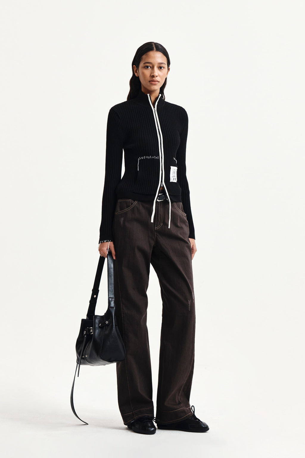 Matin Kim - Waist Buckle Stitch Point Twill Denim Pants (Brown) product image 10 | TRAB K-Fashion Australia