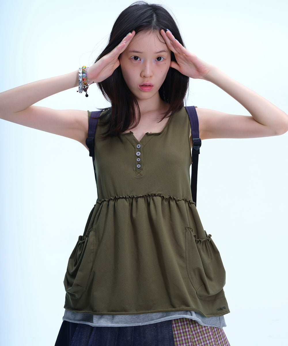 Coyseio - Shirring Pocket Sleeveless (Khaki) product image 7 | TRAB K-Fashion Australia