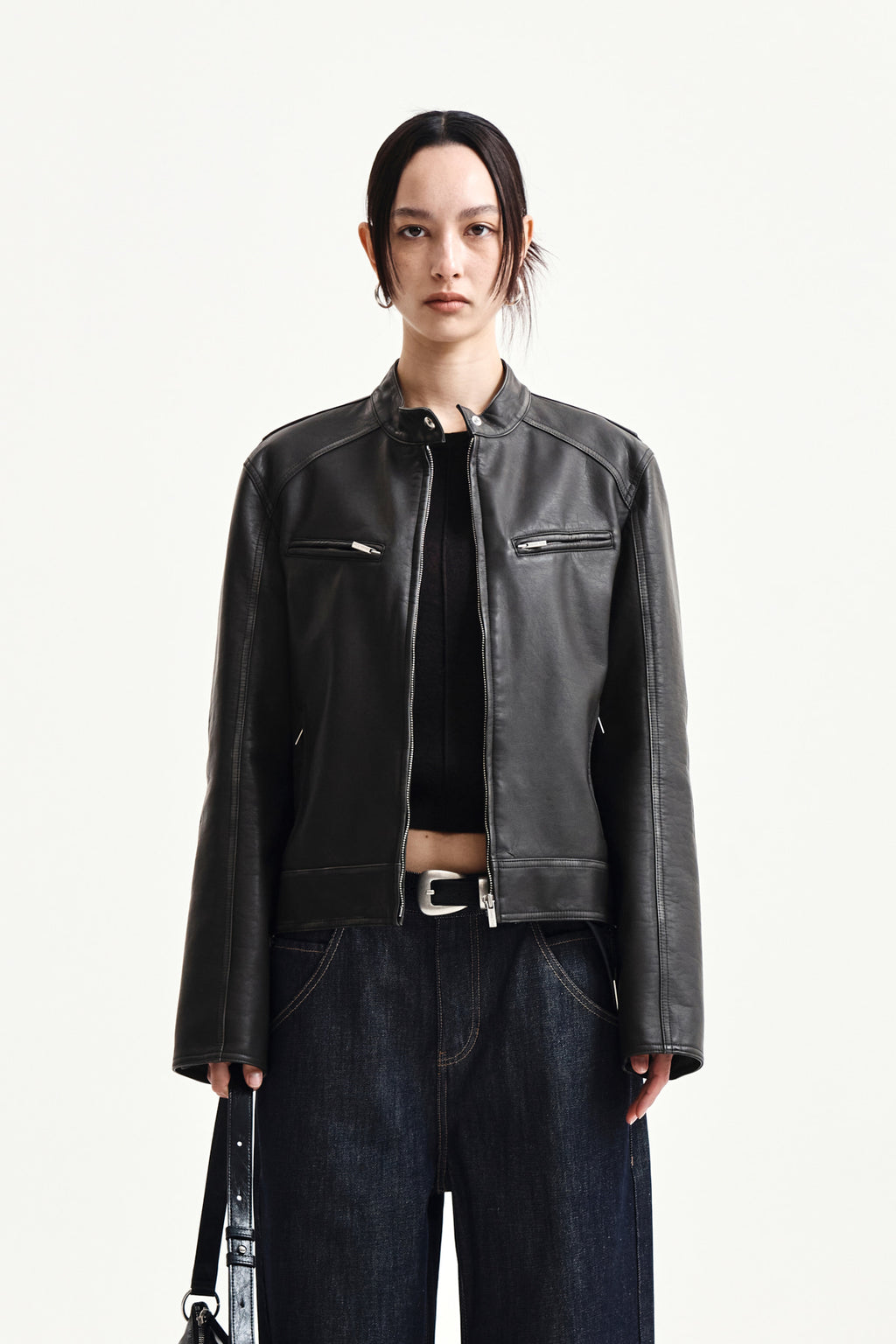 Matin Kim - Washed Faux Leather Racer Jumper (Charcoal) product image 10 | TRAB K-Fashion Australia