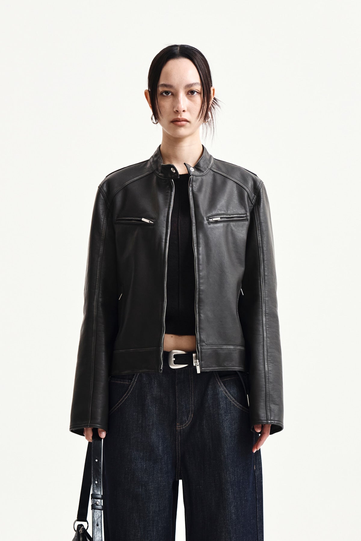 Matin Kim - Washed Faux Leather Racer Jumper (Charcoal) product image 10 | TRAB K-Fashion Australia