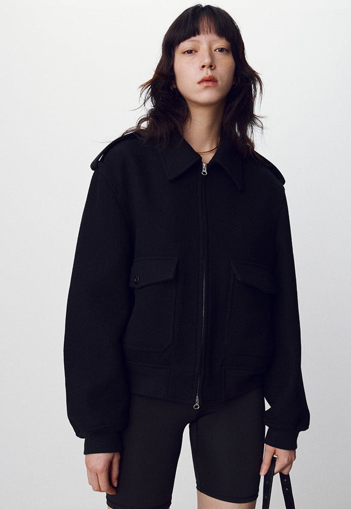 Tonywack - Felted Wool Epaulet Bomber Jacket (Black) product image 1 | TRAB K-Fashion Australia