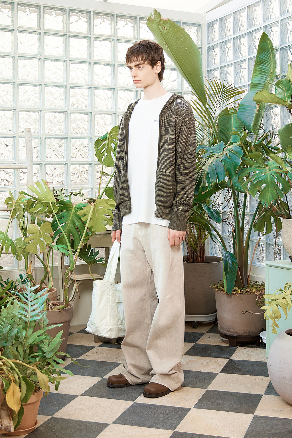 Matin Kim - Two Tone Mesh Knit Hoody Zip Up (Khaki) product image 14 | TRAB K-Fashion Australia