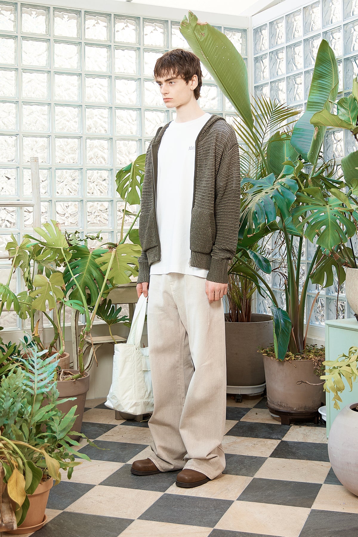Matin Kim - Two Tone Mesh Knit Hoody Zip Up (Khaki) product image 14 | TRAB K-Fashion Australia