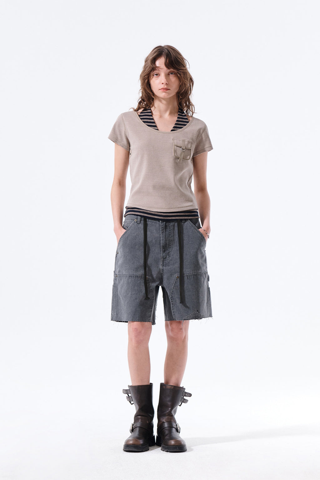 Matin Kim - Heringbone Raw Cut Denim Shorts (Grey) product image 10 | TRAB K-Fashion Australia