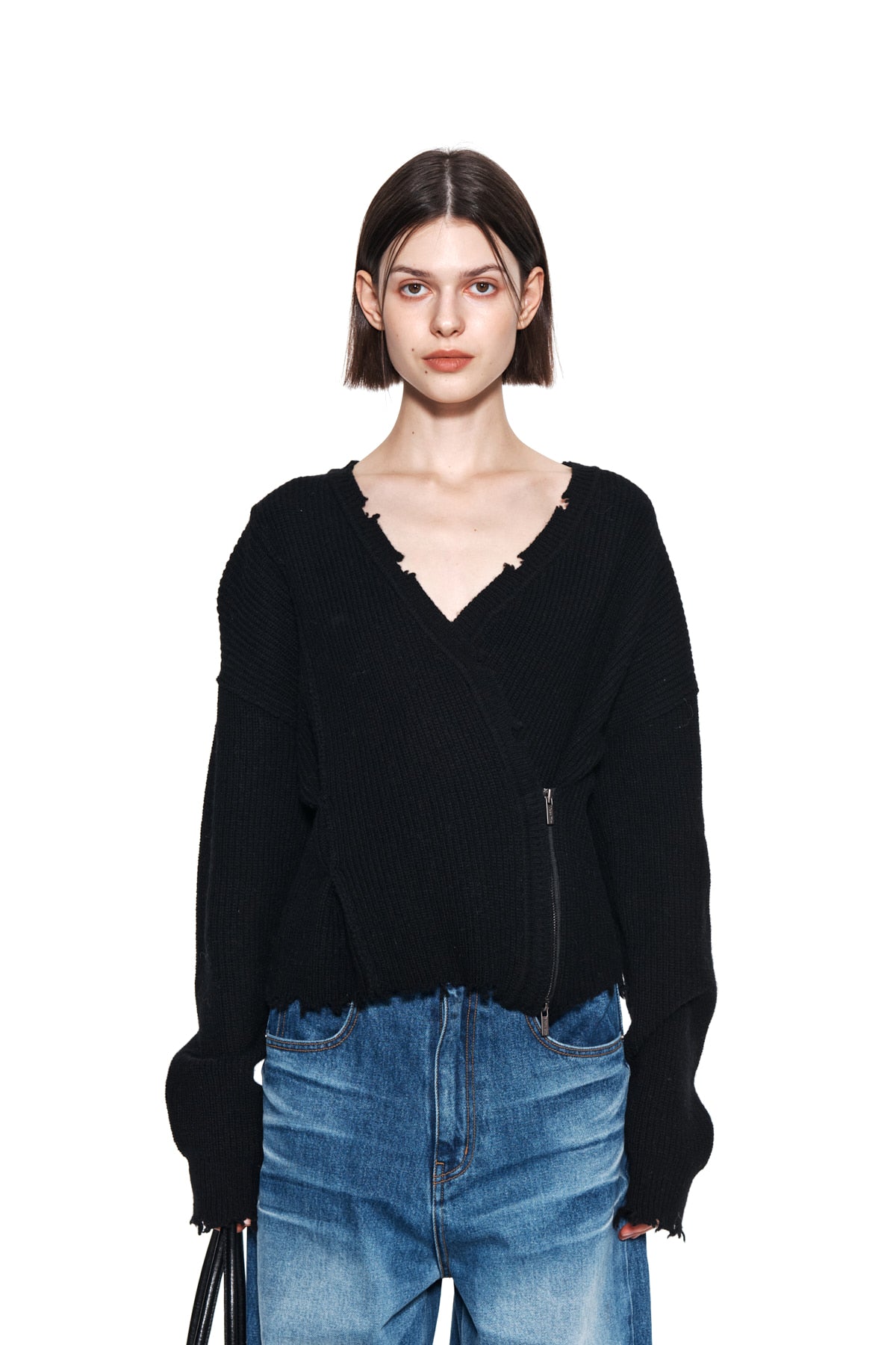 Matin Kim - Pinched Two Way Knit Zip Cardigan (Black) product image 5 | TRAB K-Fashion Australia