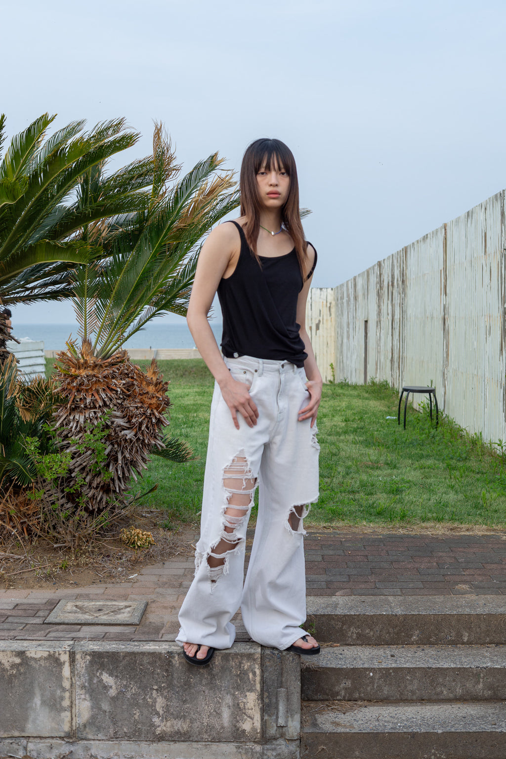 Matin Kim - Damage Point Washed Wide Denim Pants (Light Grey) product image 9 | TRAB K-Fashion Australia