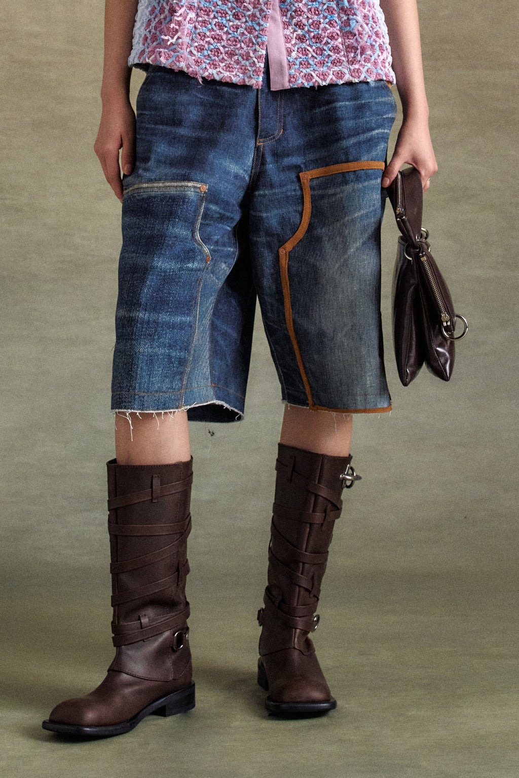 Andersson Bell - Unisex Denim Trompe L`oeil Double Knee Shorts (Blue) product image 4 | TRAB K-Fashion Australia