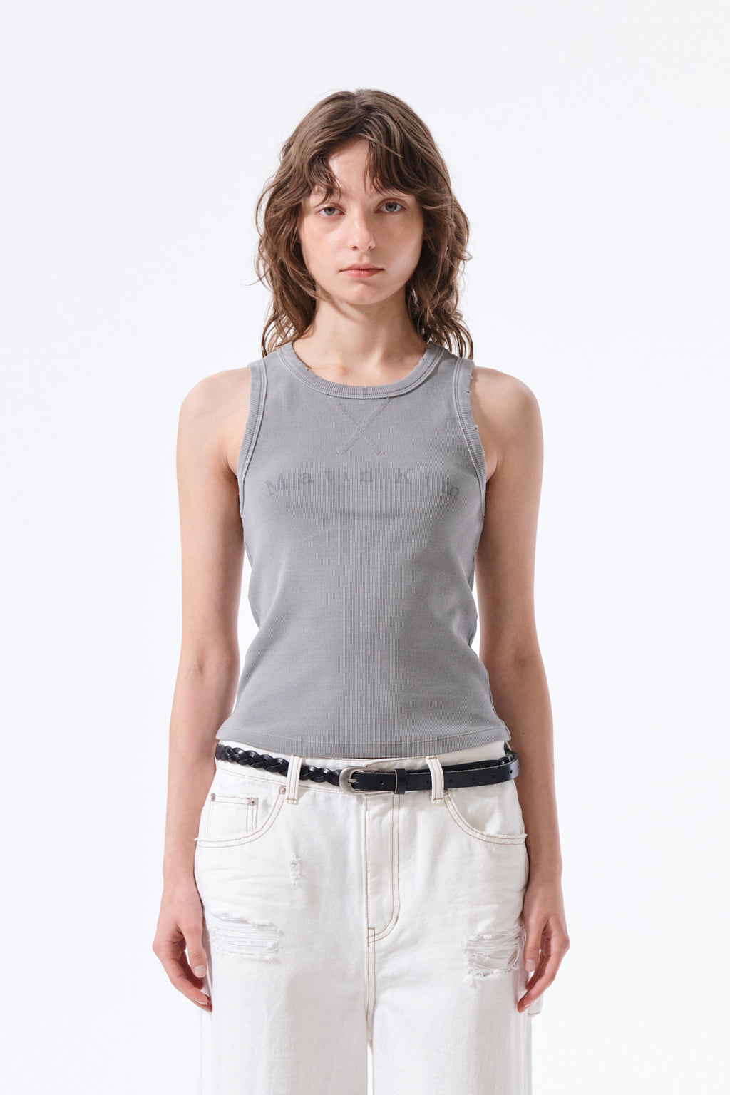 Matin Kim - Distressed Sleeveless Logo Top (Light Grey) product image 5 | TRAB K-Fashion Australia