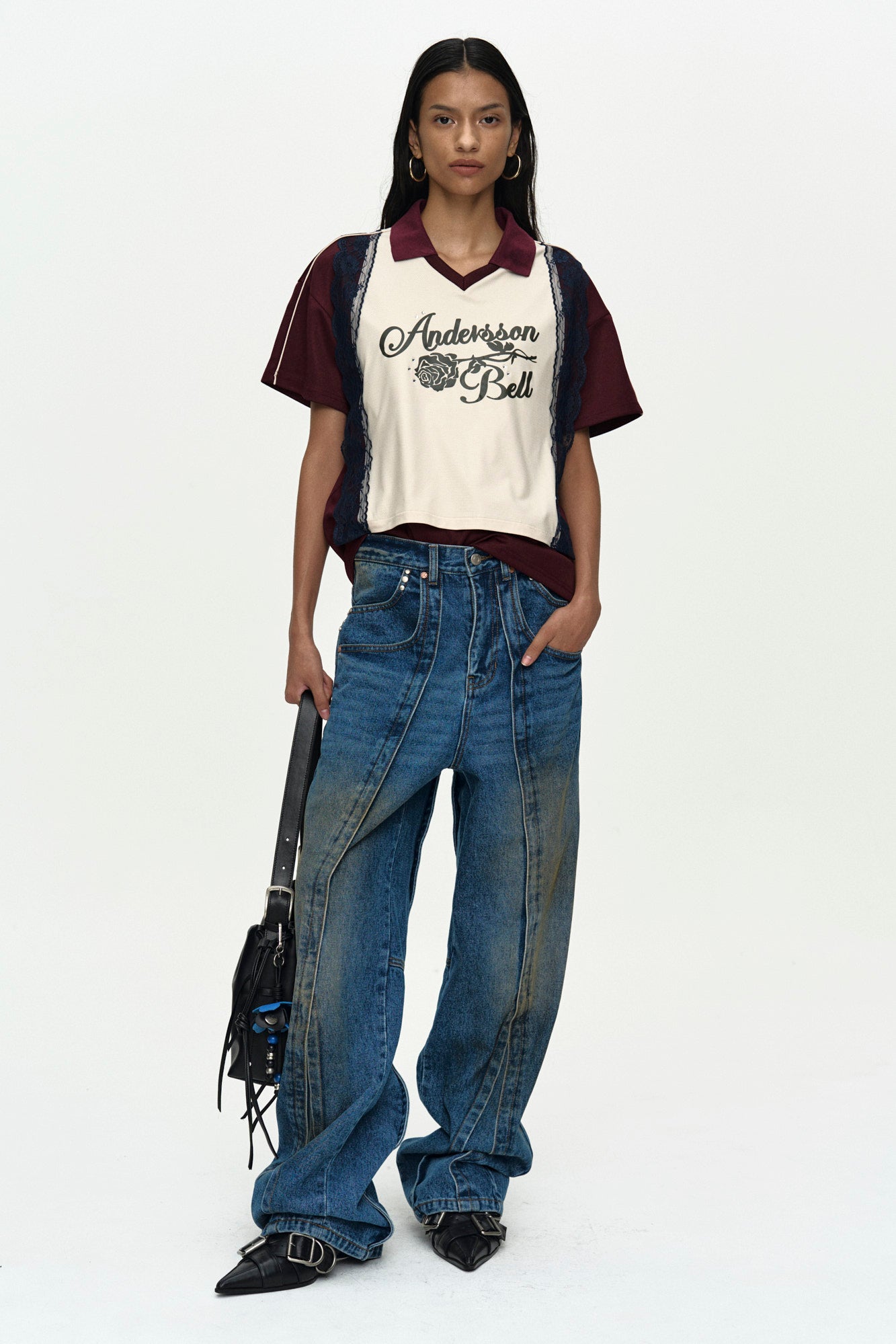 Andersson Bell - Lace Trimmed Polo Jersey Top (Wine/Light Yellow) product image 2 | TRAB K-Fashion Australia