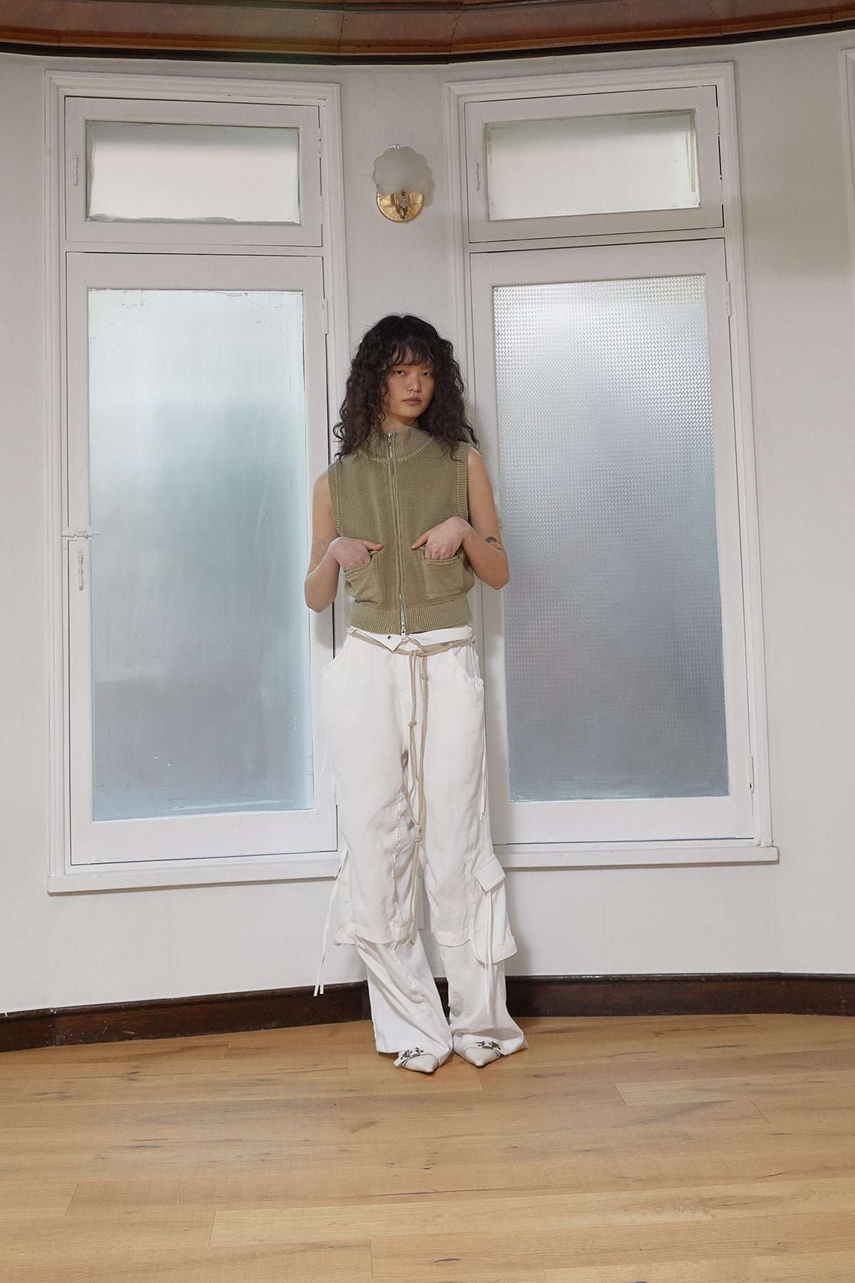 Matin Kim - Logo Point Washed Knit Vest (Light Khaki) product image 11 | TRAB K-Fashion Australia