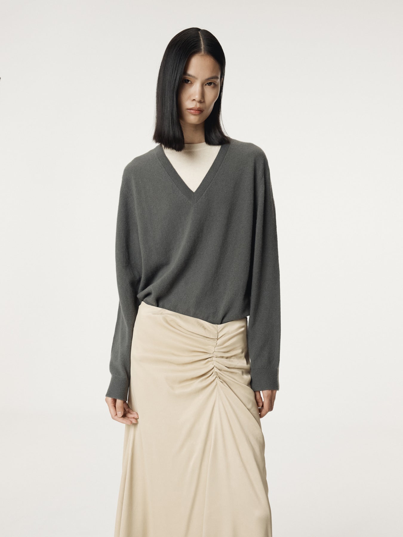 Recto - Contrast Layered V-Neck Knit Top (Taupe Grey) product image 6 | TRAB K-Fashion Australia