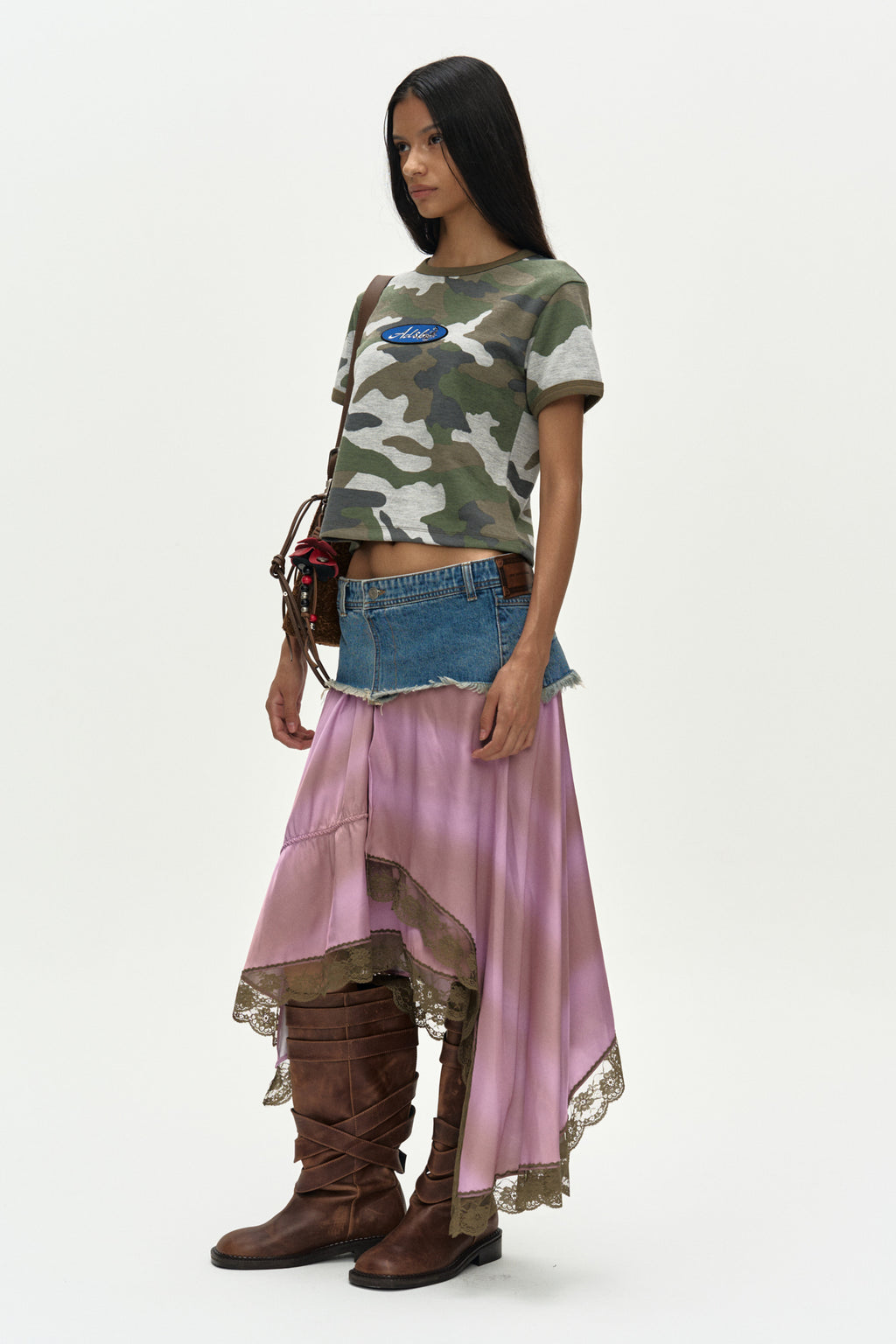 Andersson Bell - Denim Combination Lace Hem Skirt (Denim/Pink) product image 2 | TRAB K-Fashion Australia